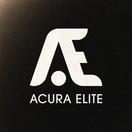 White Acura Elite box logo on a black background photo with a polaroid style effect