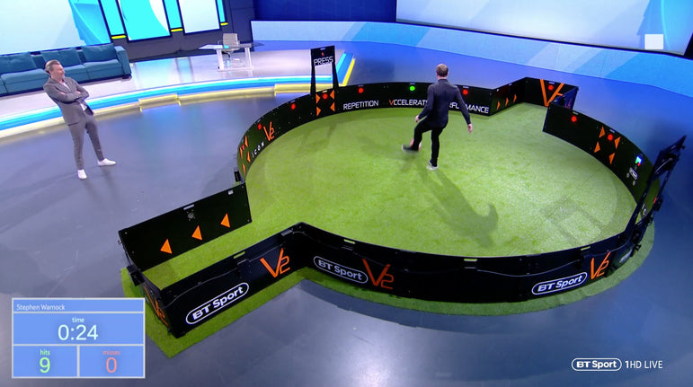 Man using acura icon v2 on bt sport tv with man spectating