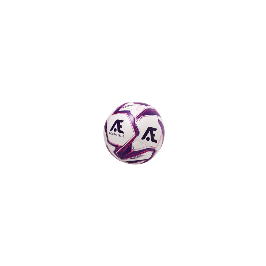 White and purple soccer ball with branding on a white background tilted to the side